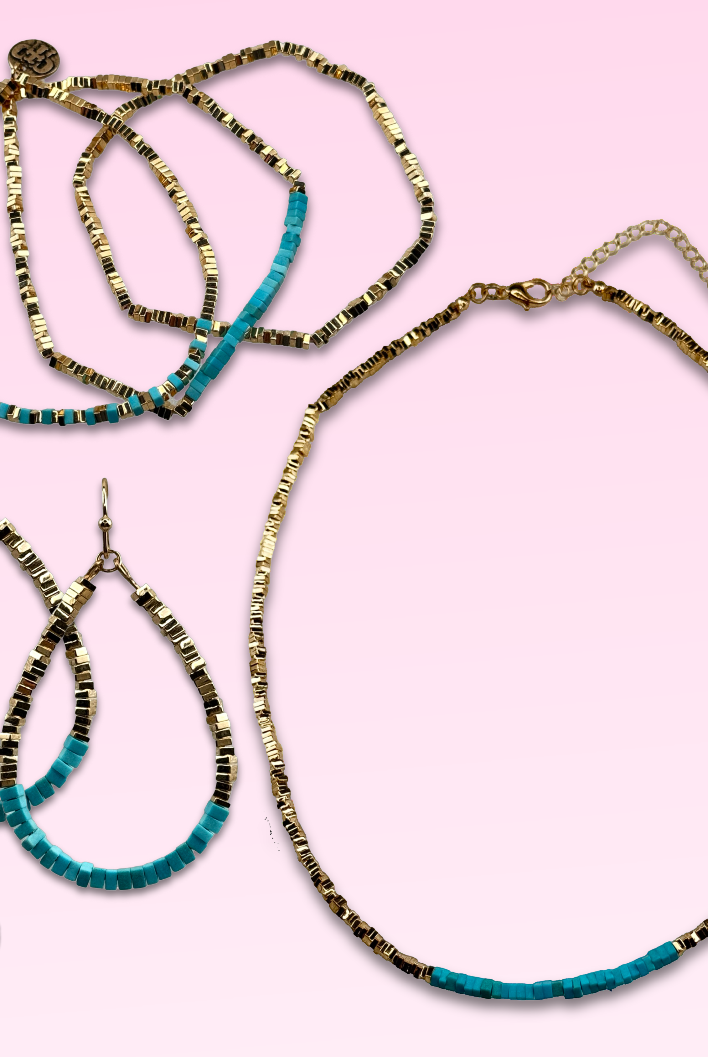 Gold and turquoise square bead teardrop earring-Pink Panache Brands-Stuffology - Where Vintage Meets Modern, A Boutique for Real Women in Crosbyton, TX