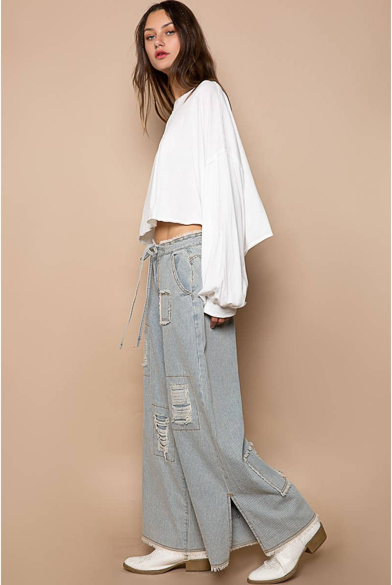 Distressed waist strape stripe denim wide pants-Jeans-Pol Clothing-Stuffology - Where Vintage Meets Modern, A Boutique for Real Women in Crosbyton, TX