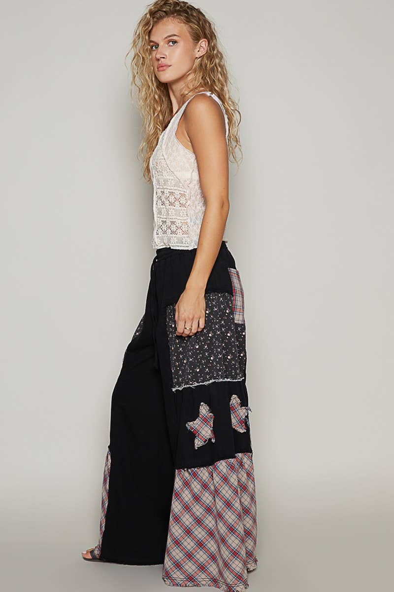Star patch detail solid chambray wide pants-Pants-Pol Clothing-Stuffology - Where Vintage Meets Modern, A Boutique for Real Women in Crosbyton, TX