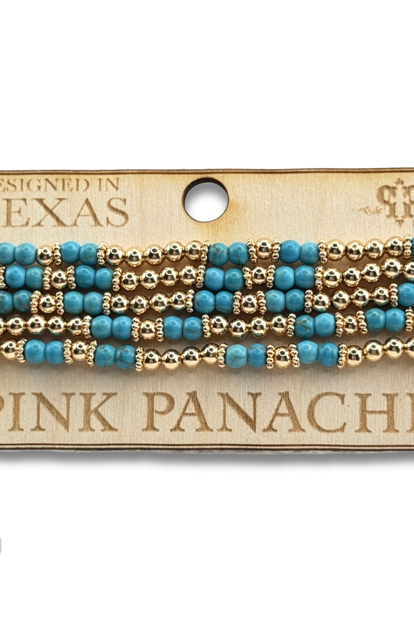 Gold and turquoise bead five strand bracelet-Bracelets-Pink Panache Brands-Stuffology - Where Vintage Meets Modern, A Boutique for Real Women in Crosbyton, TX
