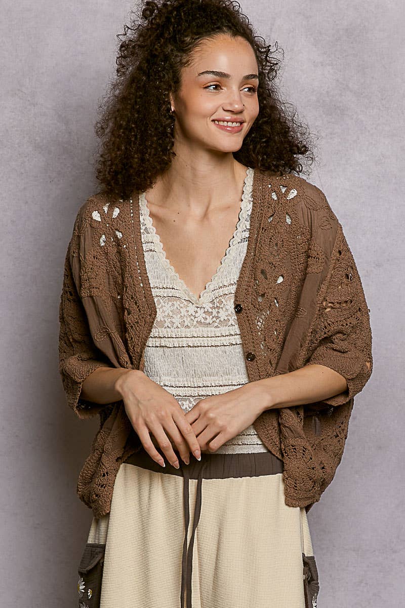 Batwing Sleeve Button Down Solid Crochet Cardigan Top-Pol Clothing-Stuffology - Where Vintage Meets Modern, A Boutique for Real Women in Crosbyton, TX