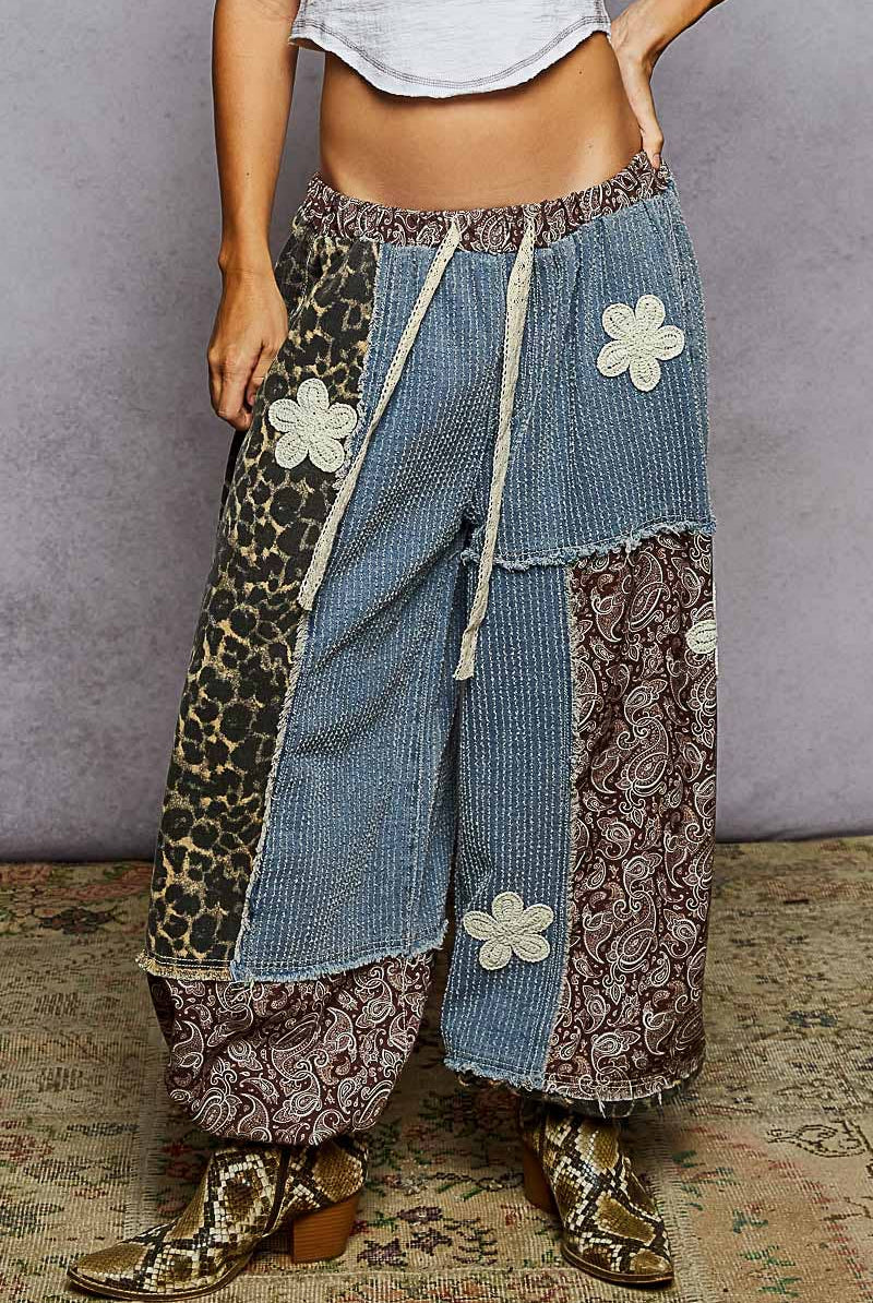 Crochet patch detail contrast patchwork printed woven pants-Pants-Pol Clothing-Stuffology - Where Vintage Meets Modern, A Boutique for Real Women in Crosbyton, TX