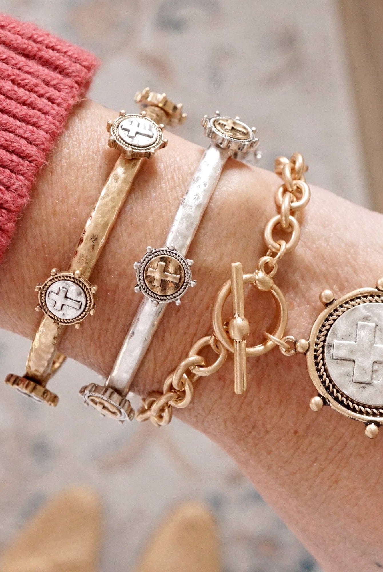 Cross Coin Chain Bracelet Toggle Closure Silver or Gold Tone-Bracelets-PennyLine inc-Stuffology - Where Vintage Meets Modern, A Boutique for Real Women in Crosbyton, TX