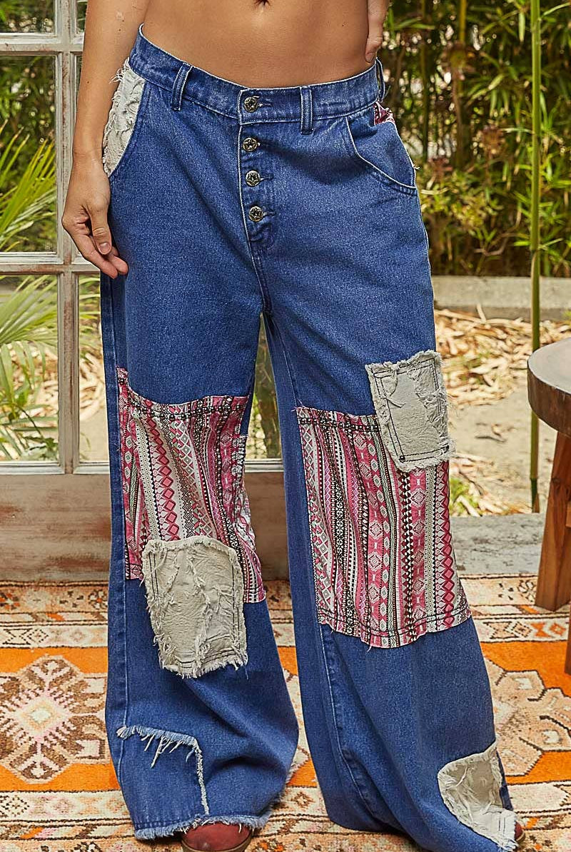 POL Clothing Boho Patchwork Denim Wide Leg Jeans-Jeans-Pol Clothing-Stuffology - Where Vintage Meets Modern, A Boutique for Real Women in Crosbyton, TX