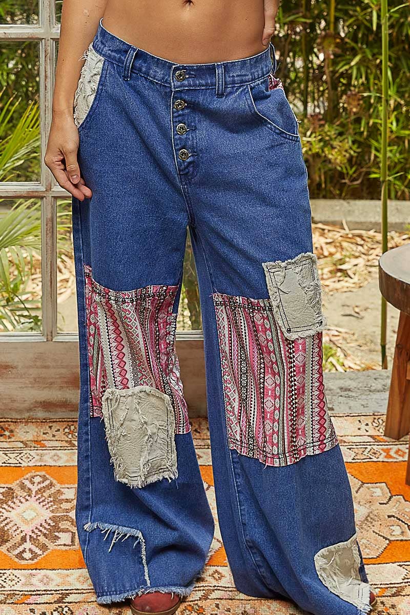 POL Clothing Boho Patchwork Denim Wide Leg Jeans-Jeans-Pol Clothing-Stuffology - Where Vintage Meets Modern, A Boutique for Real Women in Crosbyton, TX