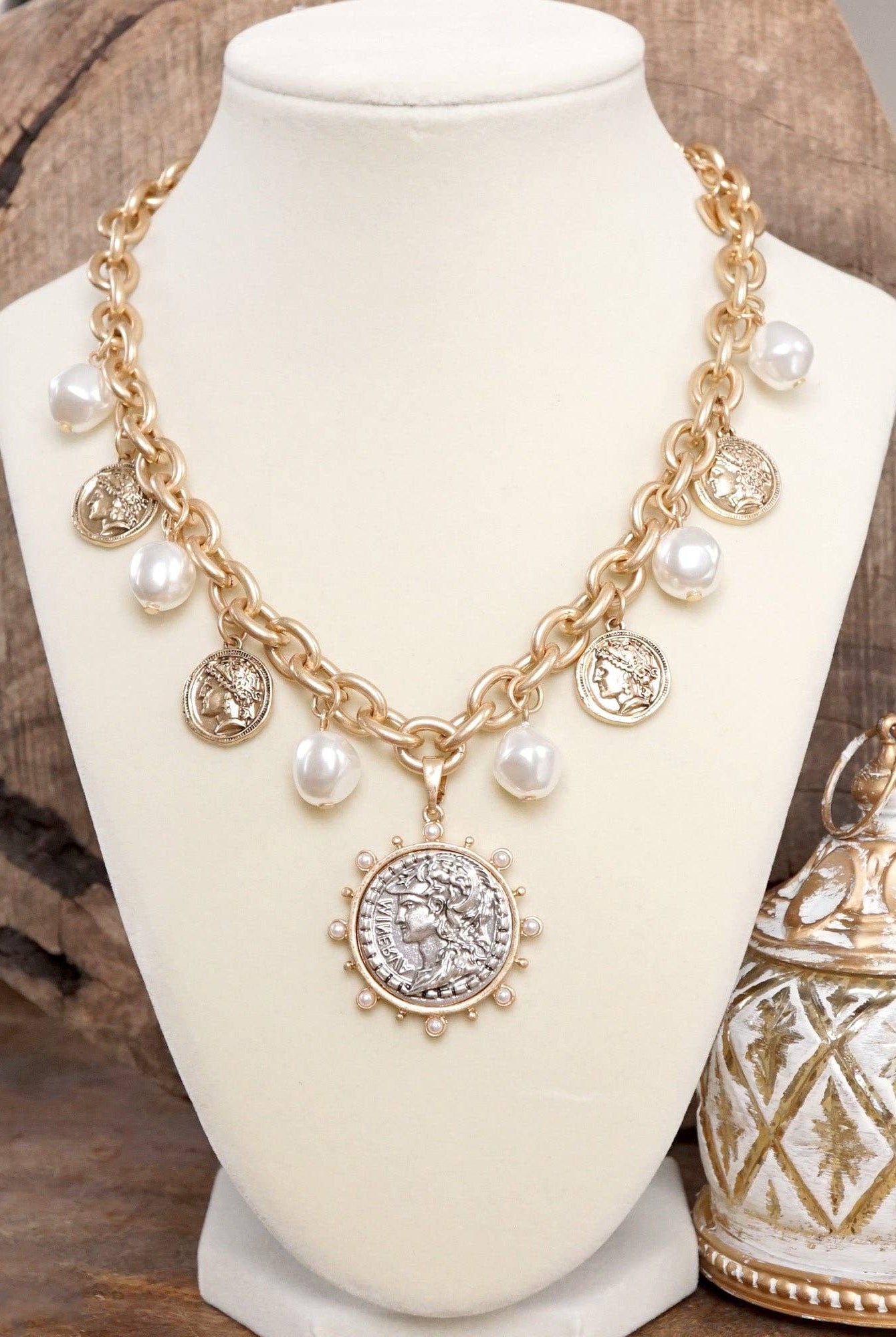Boho Coin and Pearl Charms Statement Necklace – Gold and Silver Tone-PennyLine inc-Stuffology - Where Vintage Meets Modern, A Boutique for Real Women in Crosbyton, TX
