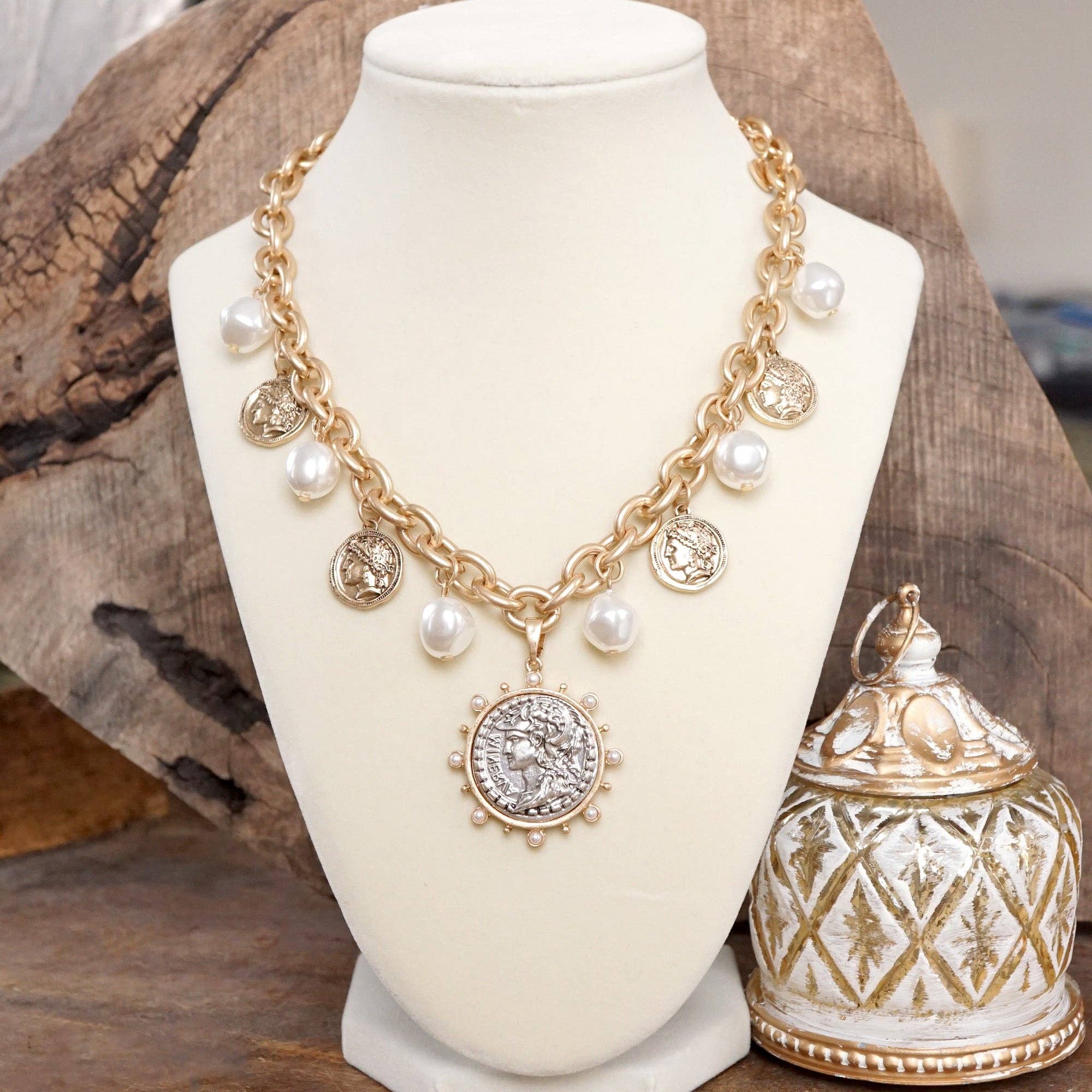Boho Coin and Pearl Charms Statement Necklace – Gold and Silver Tone-PennyLine inc-Stuffology - Where Vintage Meets Modern, A Boutique for Real Women in Crosbyton, TX