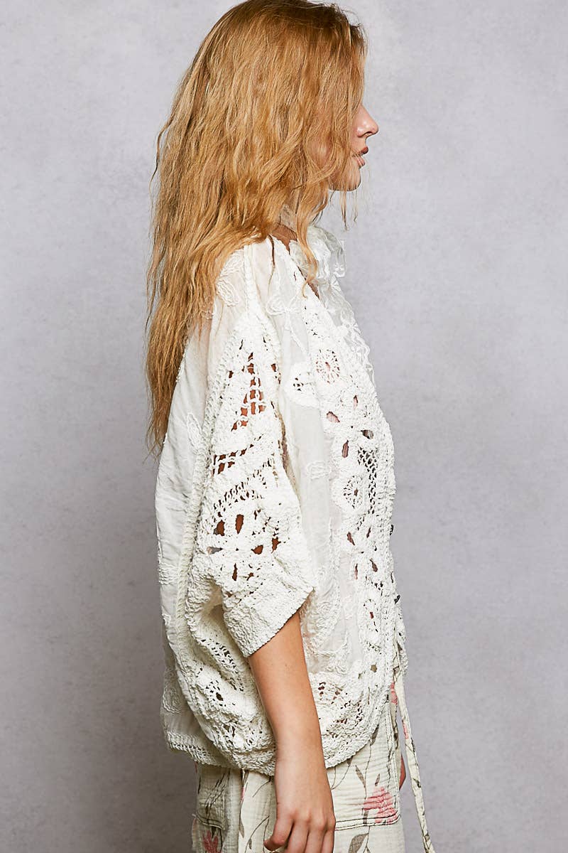 Batwing Sleeve Button Down Solid Crochet Cardigan Top-Pol Clothing-Stuffology - Where Vintage Meets Modern, A Boutique for Real Women in Crosbyton, TX