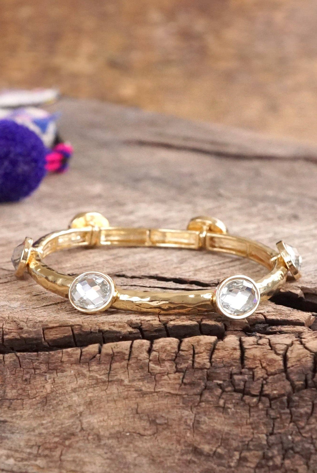 Jeweled Golden Bangle - with Faceted glass oval colorful jewels-Bracelets-PennyLine inc-Stuffology - Where Vintage Meets Modern, A Boutique for Real Women in Crosbyton, TX