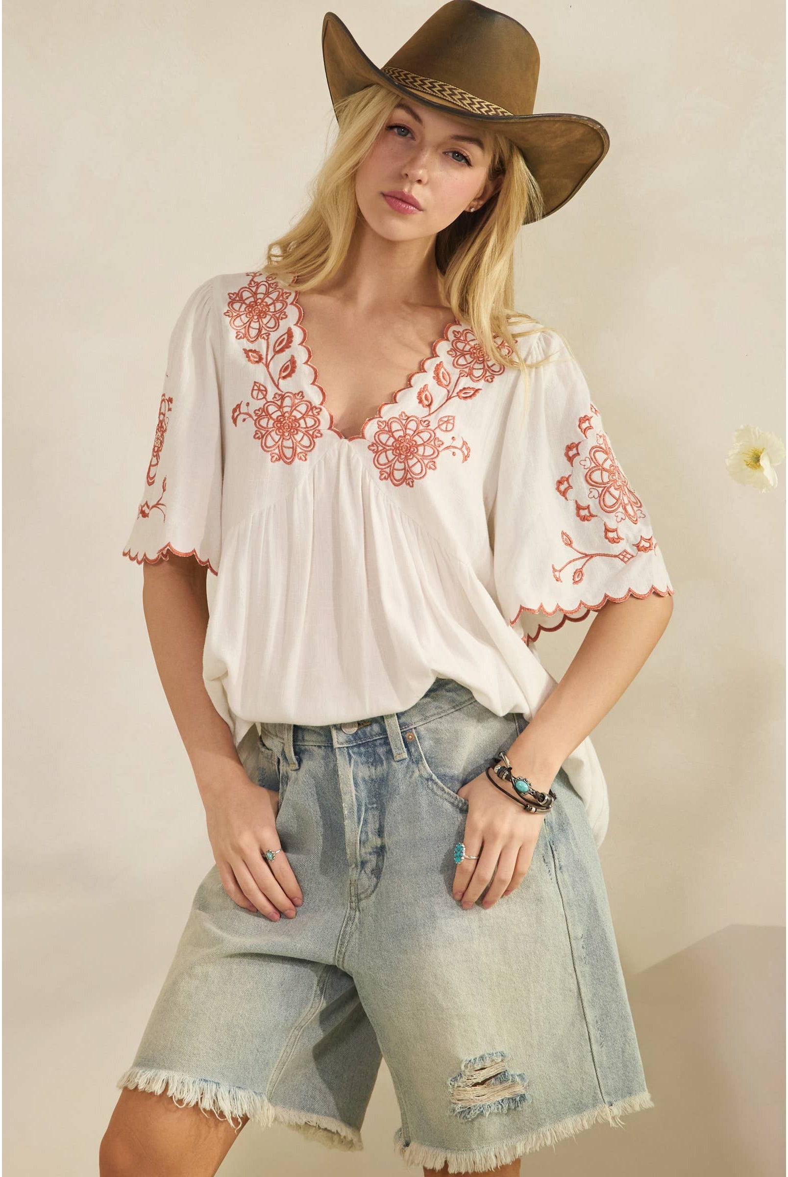 SCALLOPED BOHO EMBROIDERED BLOUSE (ST7681)-Sage + Fig-Stuffology - Where Vintage Meets Modern, A Boutique for Real Women in Crosbyton, TX