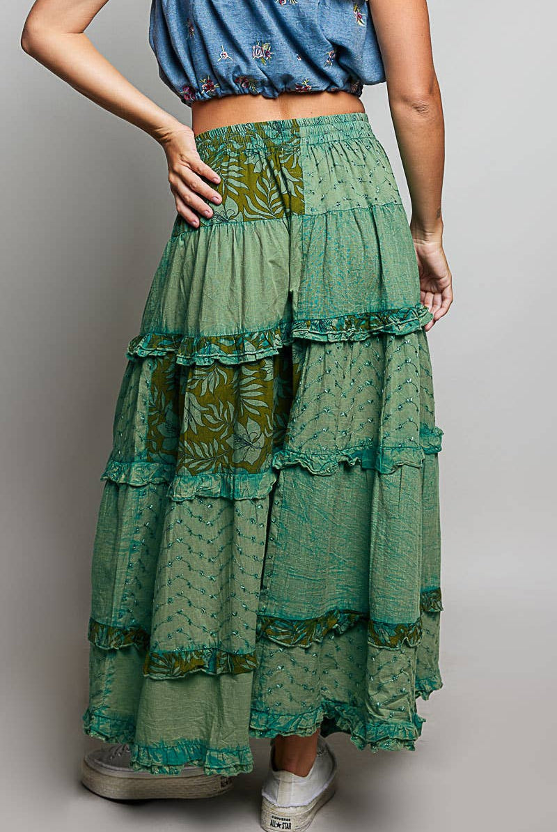 POL Clothing Boho Tie Waistband Patchwork Tiered Ruffle Maxi Skirt-Skirts-Pol Clothing-Stuffology - Where Vintage Meets Modern, A Boutique for Real Women in Crosbyton, TX