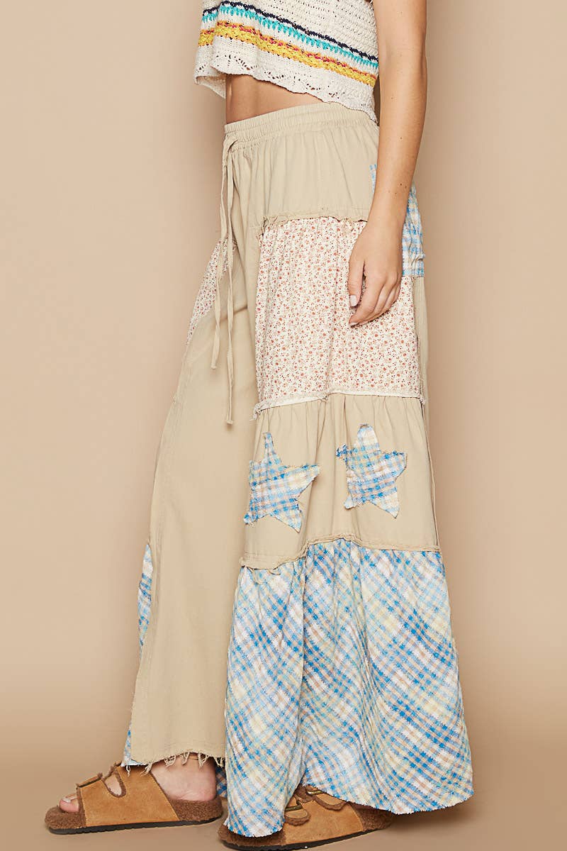 Star patch detail solid chambray wide pants-Pants-Pol Clothing-Stuffology - Where Vintage Meets Modern, A Boutique for Real Women in Crosbyton, TX