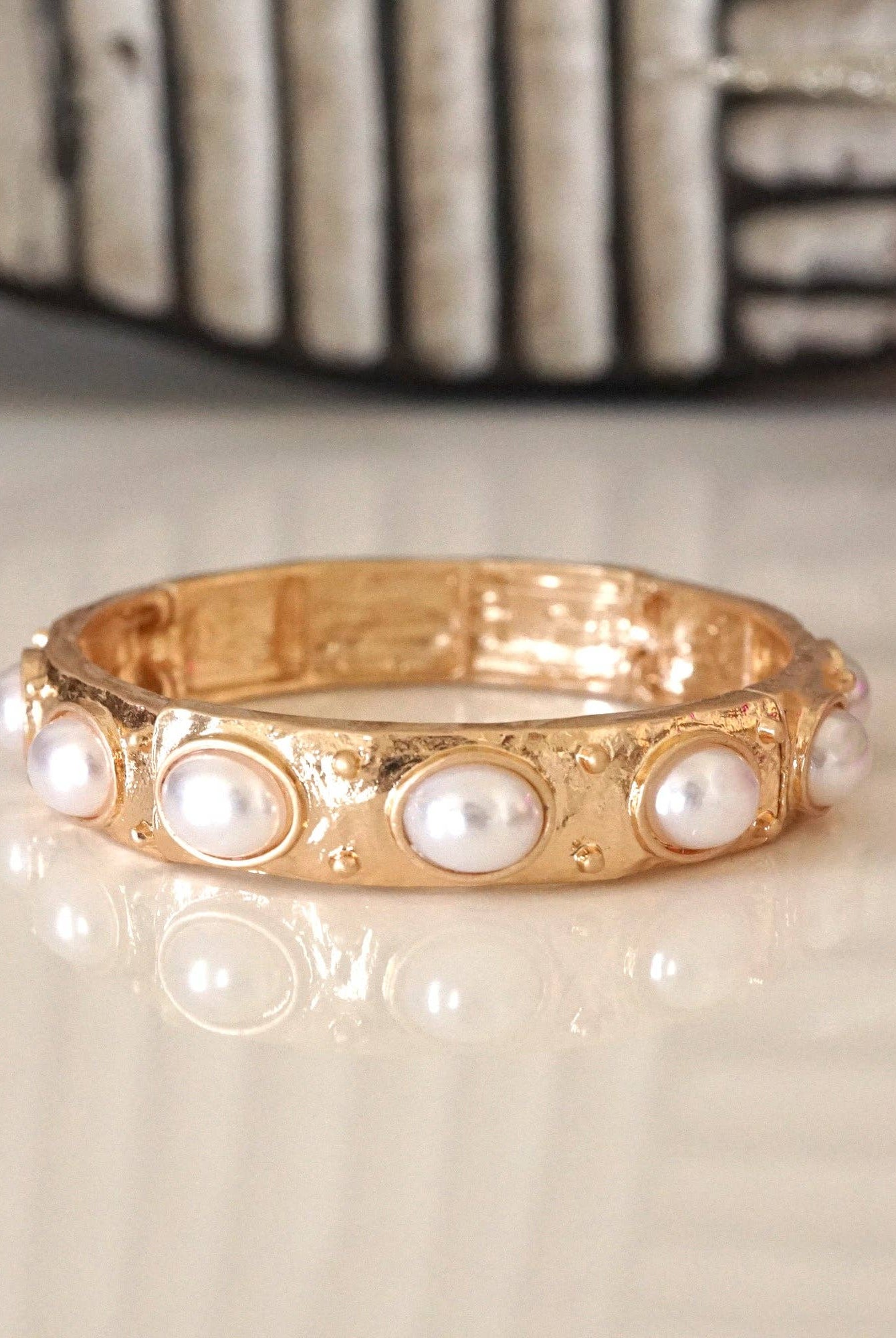 Classic Golden Stretchy Bangles – Pearl or Turquoise Accents-Bracelets-PennyLine inc-Stuffology - Where Vintage Meets Modern, A Boutique for Real Women in Crosbyton, TX
