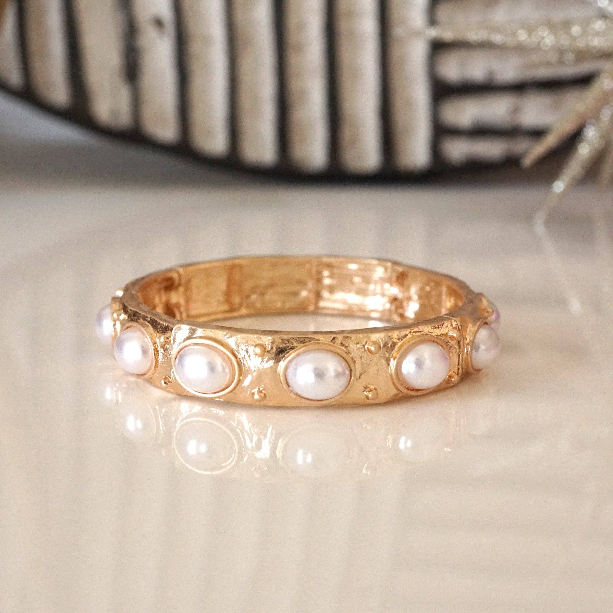 Classic Golden Stretchy Bangles – Pearl or Turquoise Accents-Bracelets-PennyLine inc-Stuffology - Where Vintage Meets Modern, A Boutique for Real Women in Crosbyton, TX