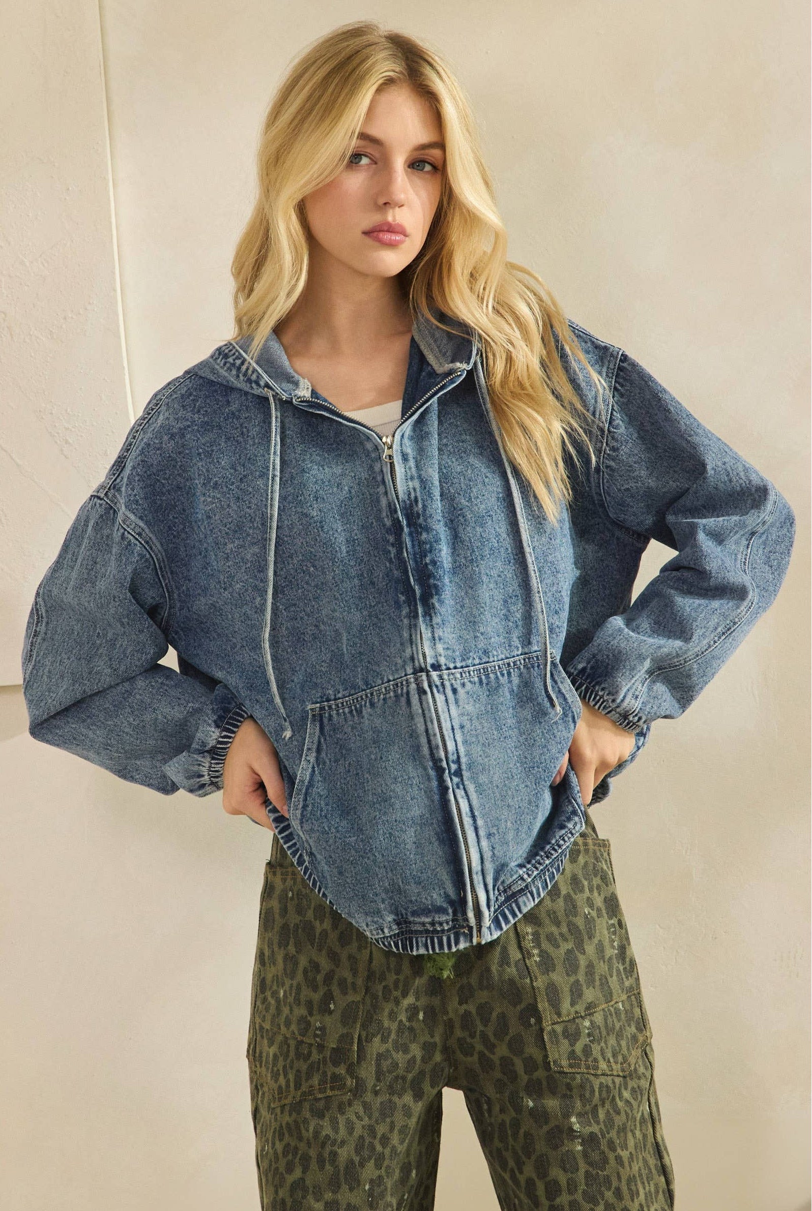 VINTAGE WASH DENIM ZIP-UP HOODIE JACKET-Denim Jacket-Sage + Fig-Stuffology - Where Vintage Meets Modern, A Boutique for Real Women in Crosbyton, TX