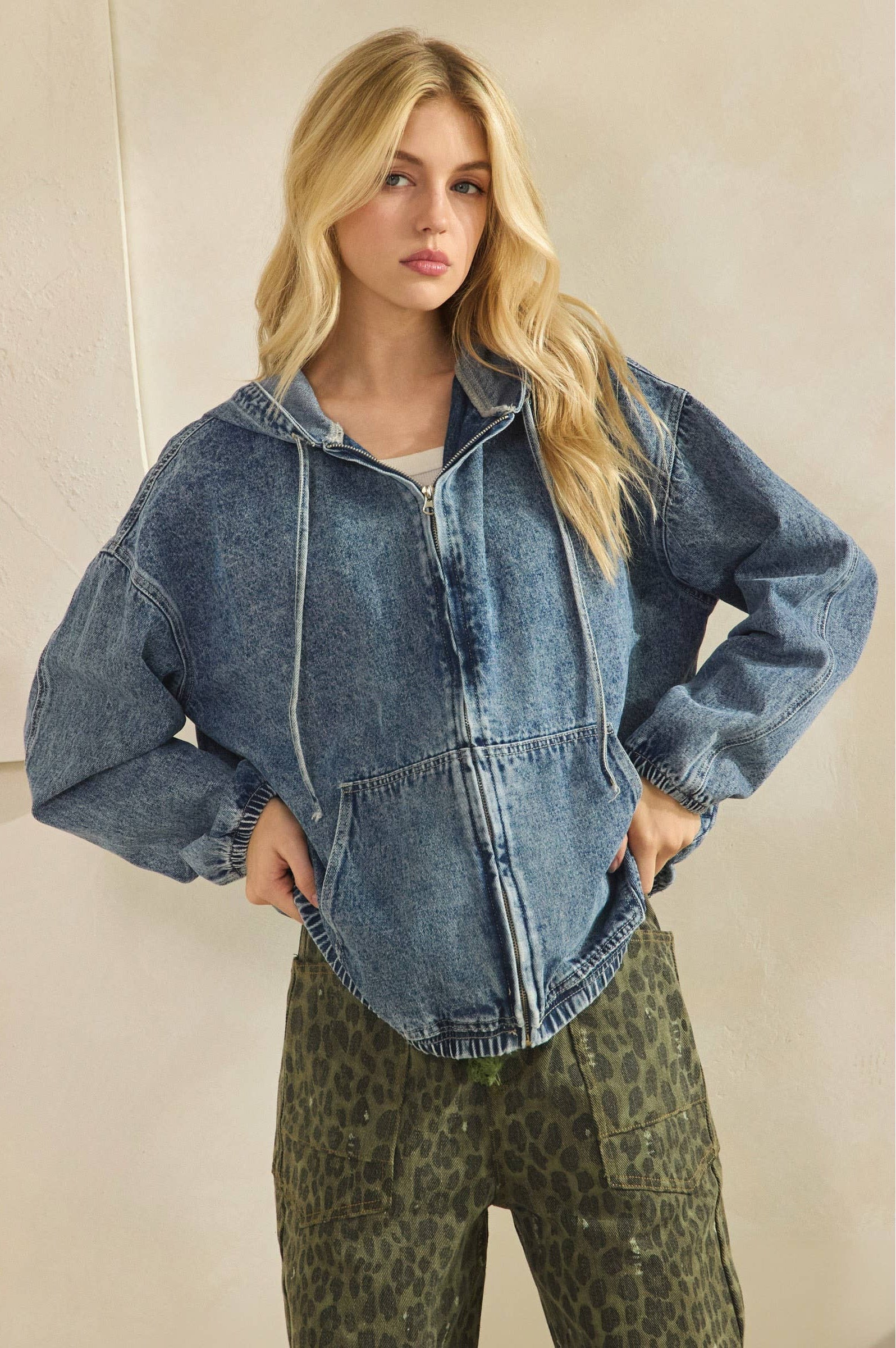 VINTAGE WASH DENIM ZIP-UP HOODIE JACKET-Denim Jacket-Sage + Fig-Stuffology - Where Vintage Meets Modern, A Boutique for Real Women in Crosbyton, TX