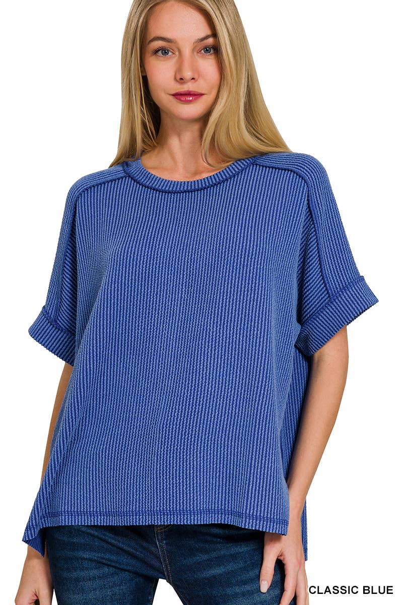 Corded Rib Short Cuff Sleeve Raw Edge Top-TOP-Stuffology Boutique-Stuffology - Where Vintage Meets Modern, A Boutique for Real Women in Crosbyton, TX