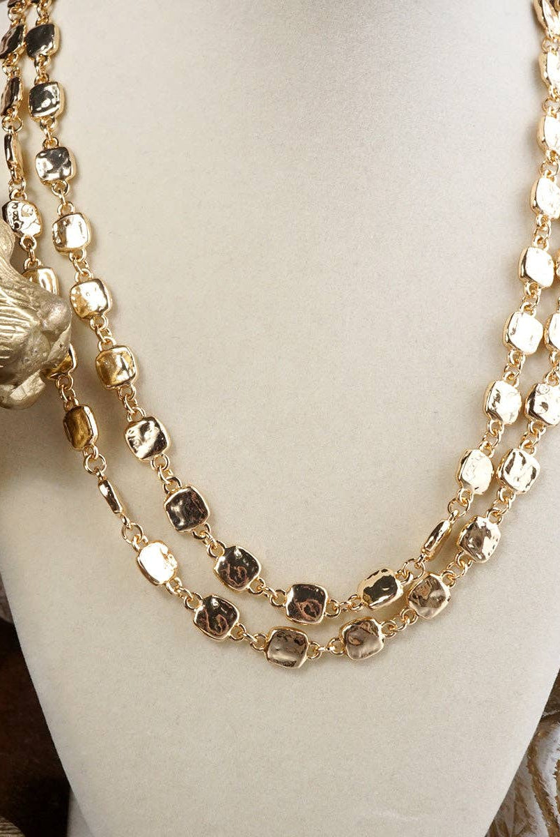 Golden Current – Textured Double Strand Square Link Necklace-Necklaces-PennyLine inc-Stuffology - Where Vintage Meets Modern, A Boutique for Real Women in Crosbyton, TX
