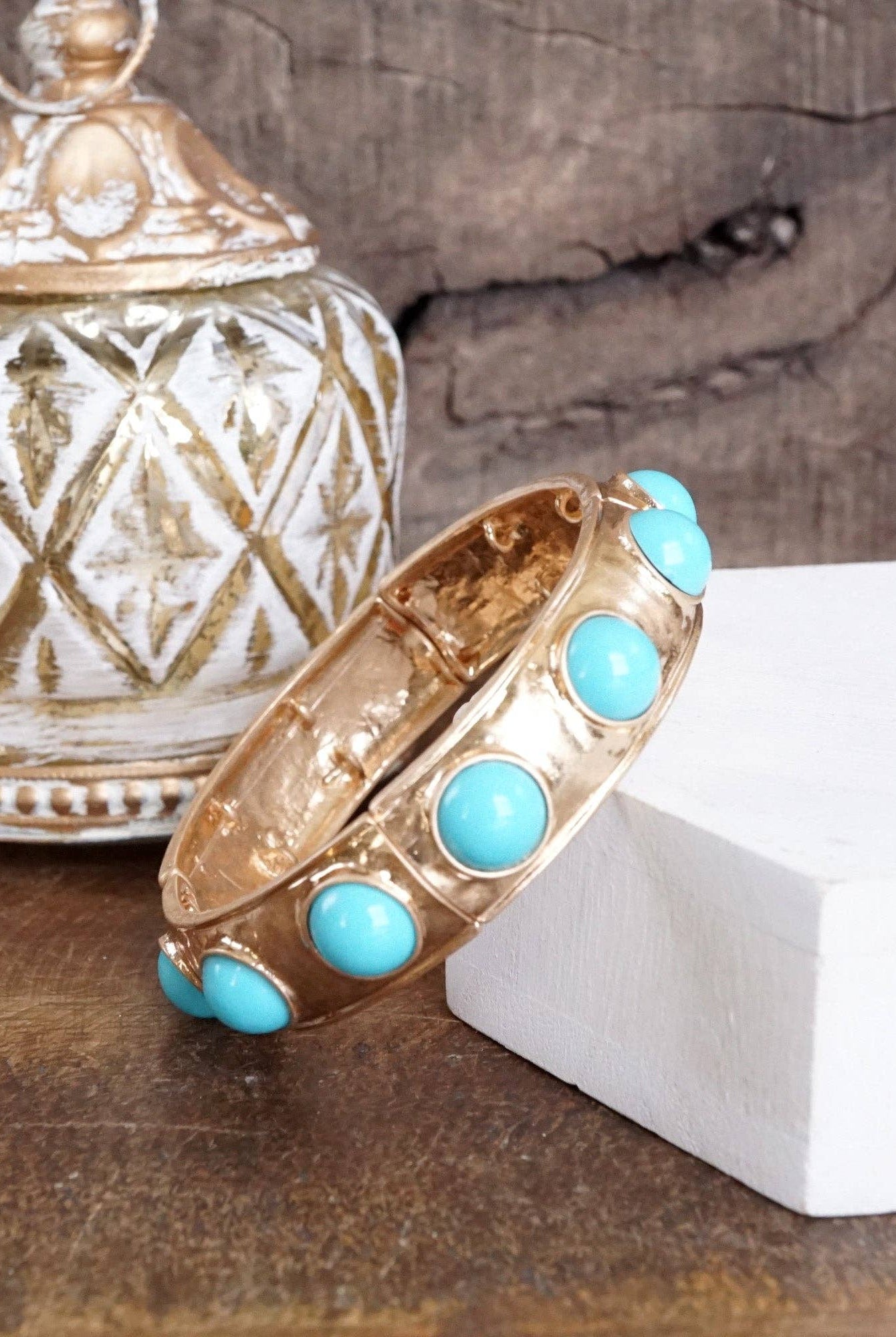 Eternity Statement Bangle Gold Tone Turquoise-Bracelets-PennyLine inc-Stuffology - Where Vintage Meets Modern, A Boutique for Real Women in Crosbyton, TX