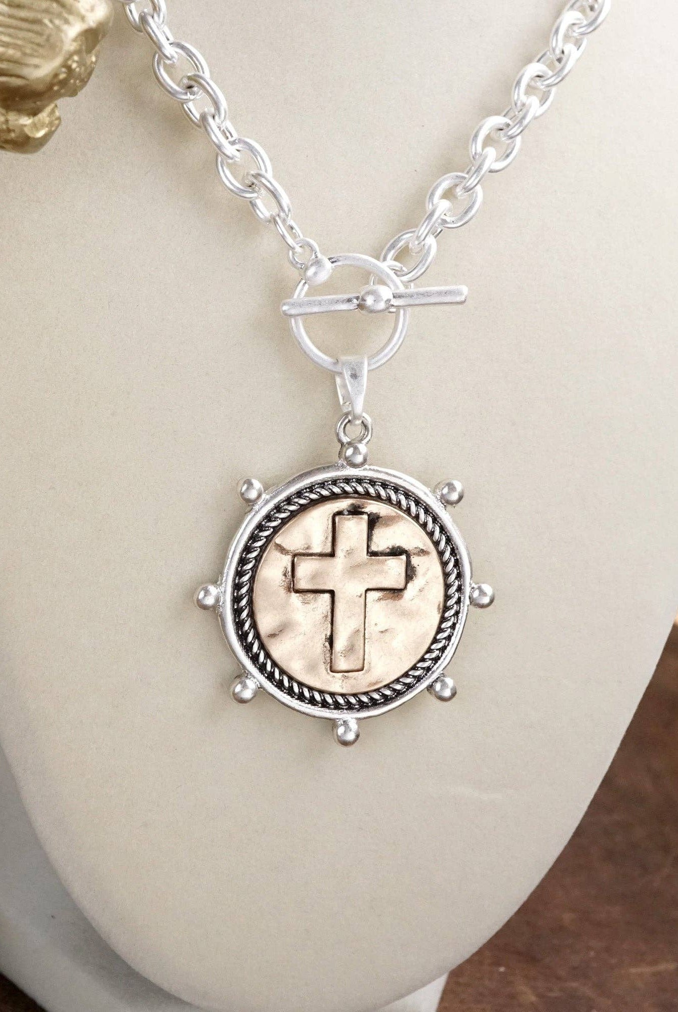 Cross Coin Chain Necklace with Front Toggle Closure – Silver or Gold Tone-Necklaces-PennyLine inc-Stuffology - Where Vintage Meets Modern, A Boutique for Real Women in Crosbyton, TX