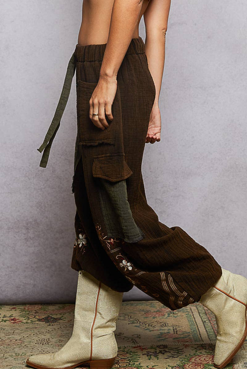 POL Clothing Double gauze floral embroidery accents patch detail pants-pants-Pol Clothing-Stuffology - Where Vintage Meets Modern, A Boutique for Real Women in Crosbyton, TX