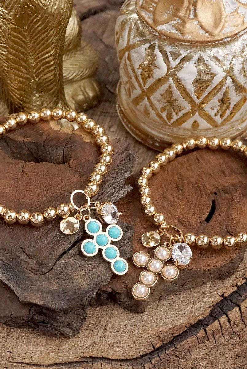 Golden Keepsakes – Charm Cluster Stretch Bracelet with Beads & Stones-Bracelets-PennyLine inc-Stuffology - Where Vintage Meets Modern, A Boutique for Real Women in Crosbyton, TX