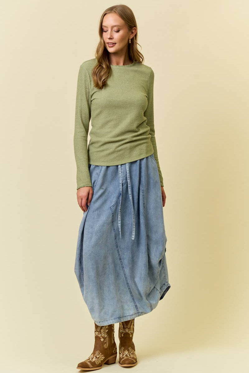 DENIM SIDE TUCK DETAIL MIDI SKIRT-Skirts-Doe and Rae-Stuffology - Where Vintage Meets Modern, A Boutique for Real Women in Crosbyton, TX