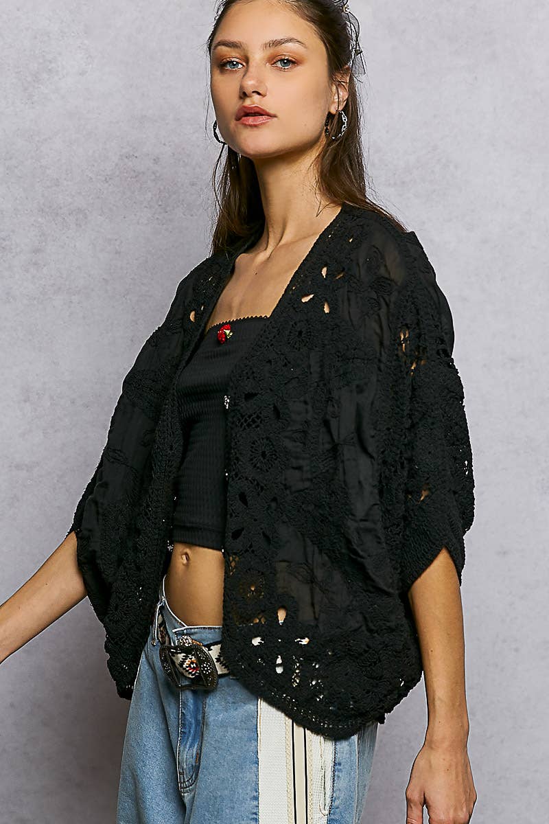 Batwing Sleeve Button Down Solid Crochet Cardigan Top-Pol Clothing-Stuffology - Where Vintage Meets Modern, A Boutique for Real Women in Crosbyton, TX