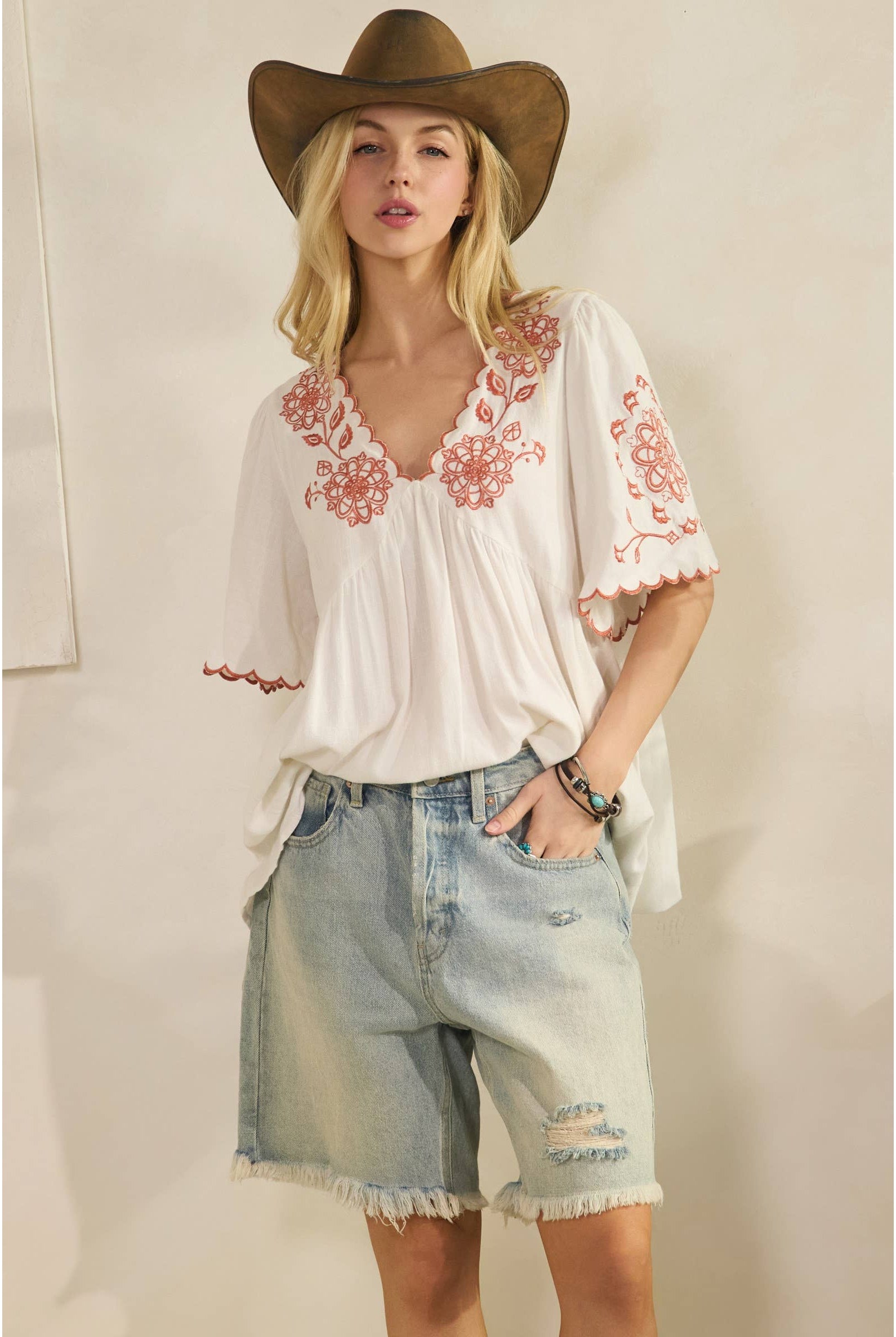 SCALLOPED BOHO EMBROIDERED BLOUSE (ST7681)-Sage + Fig-Stuffology - Where Vintage Meets Modern, A Boutique for Real Women in Crosbyton, TX