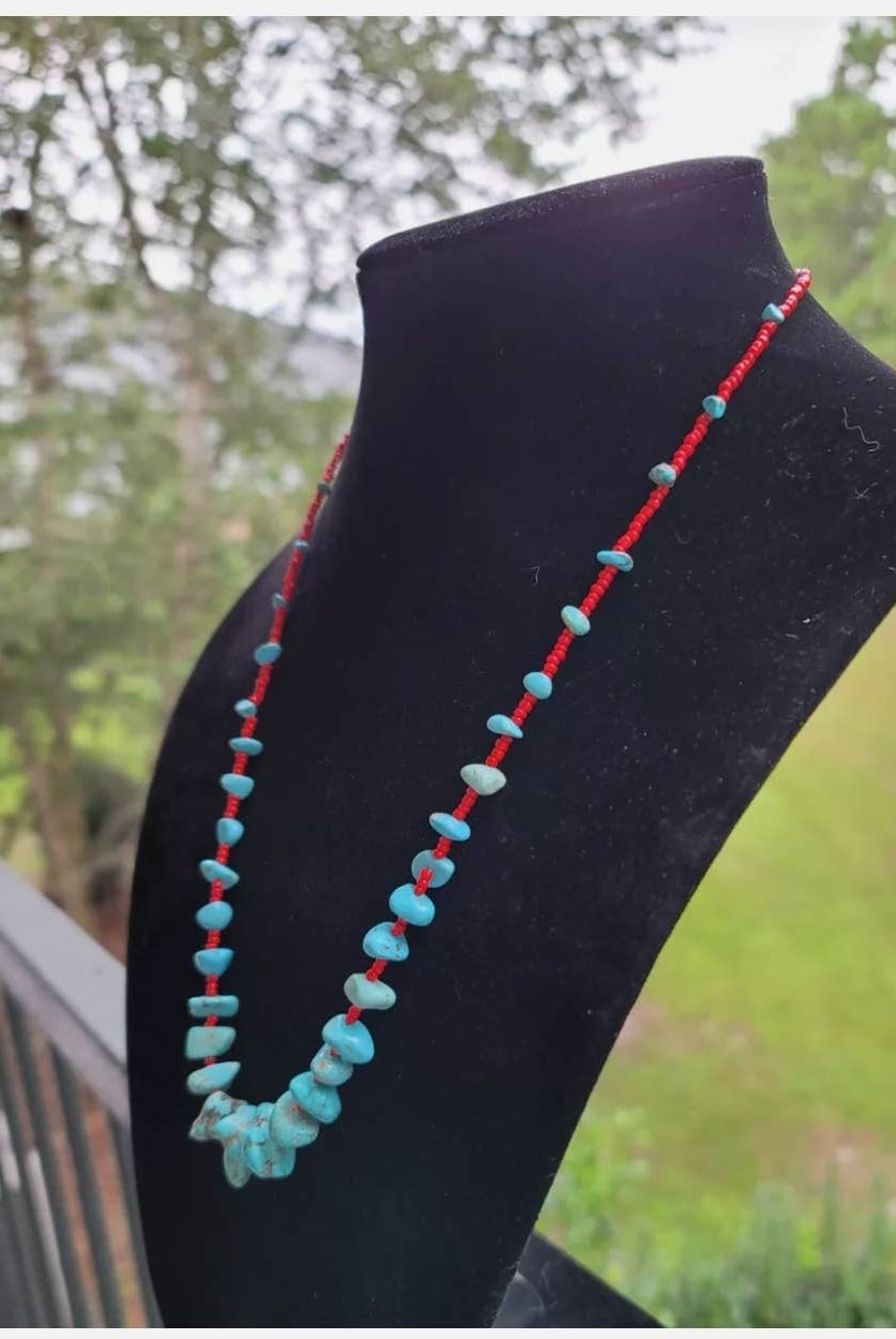Turquoise red seed bead necklace Native American handmade-Necklaces-Horse Spirit Studio-Stuffology - Where Vintage Meets Modern, A Boutique for Real Women in Crosbyton, TX