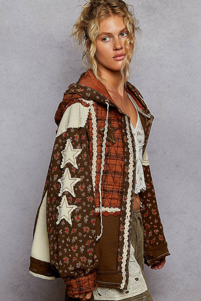 POL Clothing - Star Patch Hoodie Jacket-Hoodie-Pol Clothing-Stuffology - Where Vintage Meets Modern, A Boutique for Real Women in Crosbyton, TX