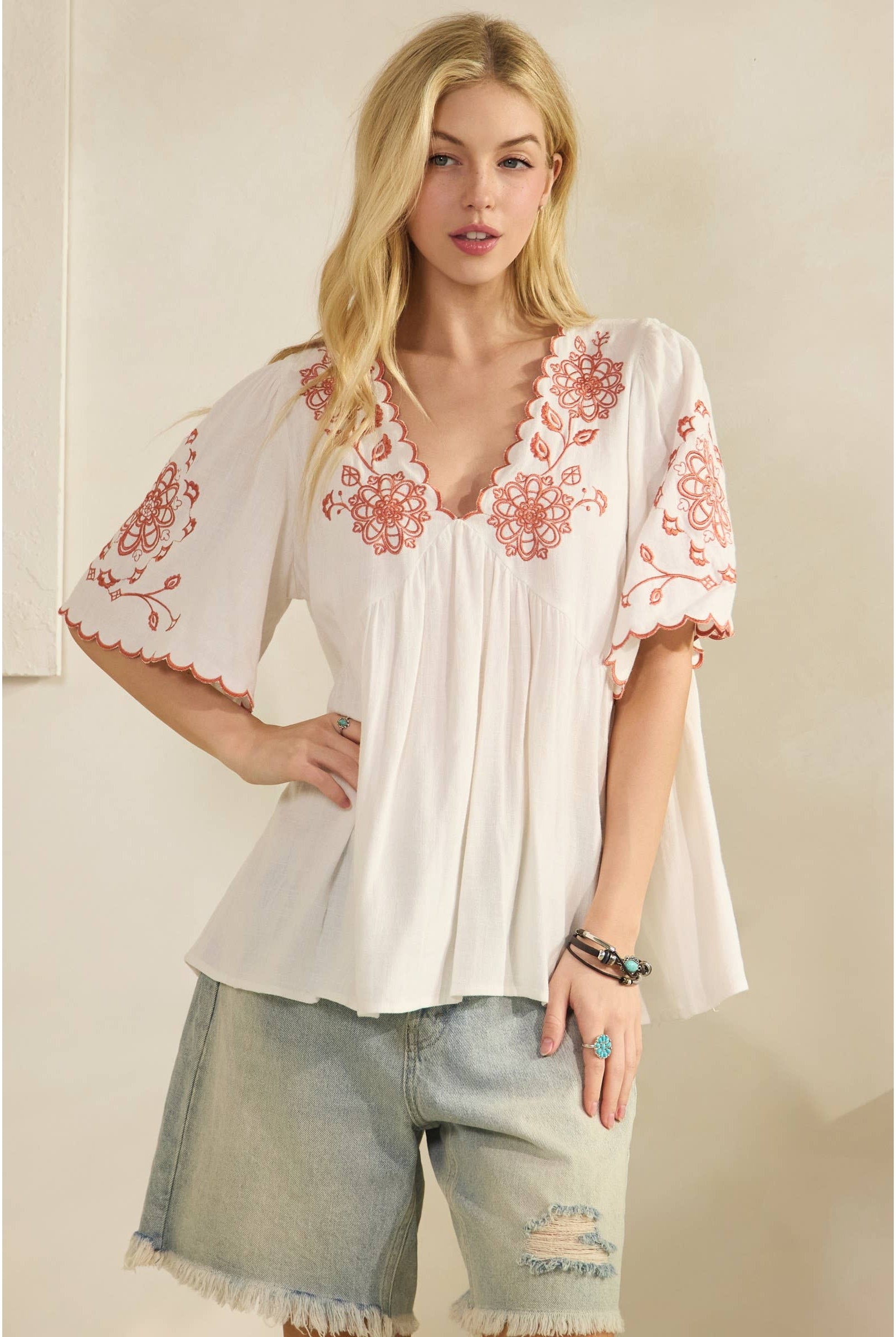 SCALLOPED BOHO EMBROIDERED BLOUSE (ST7681)-Sage + Fig-Stuffology - Where Vintage Meets Modern, A Boutique for Real Women in Crosbyton, TX