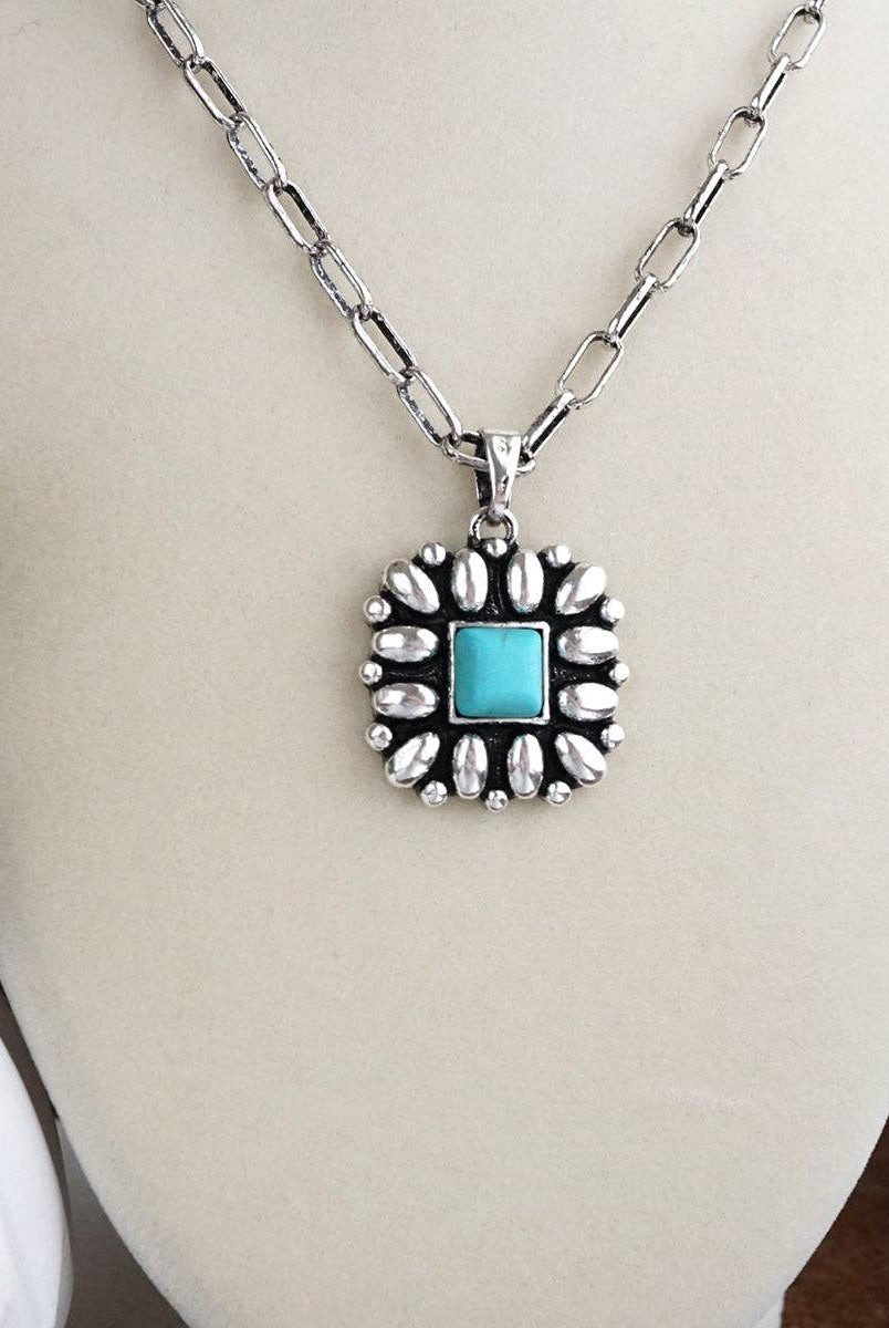 Desert Bloom – Square Concho Pendant Necklace in Worn Silver-Necklaces-PennyLine inc-Stuffology - Where Vintage Meets Modern, A Boutique for Real Women in Crosbyton, TX