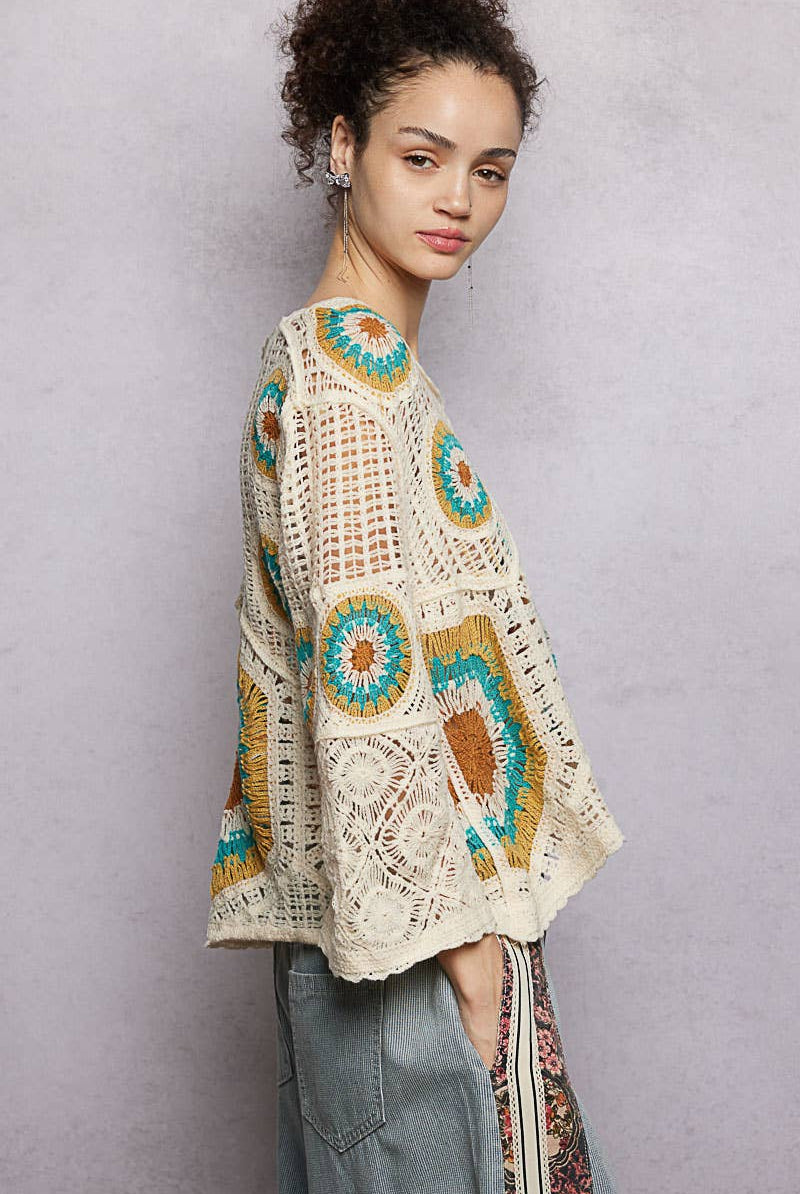 V-Neck Granny Circle Motif Scalloped Edge Crochet Top-Crochet Top-Pol Clothing-Stuffology - Where Vintage Meets Modern, A Boutique for Real Women in Crosbyton, TX