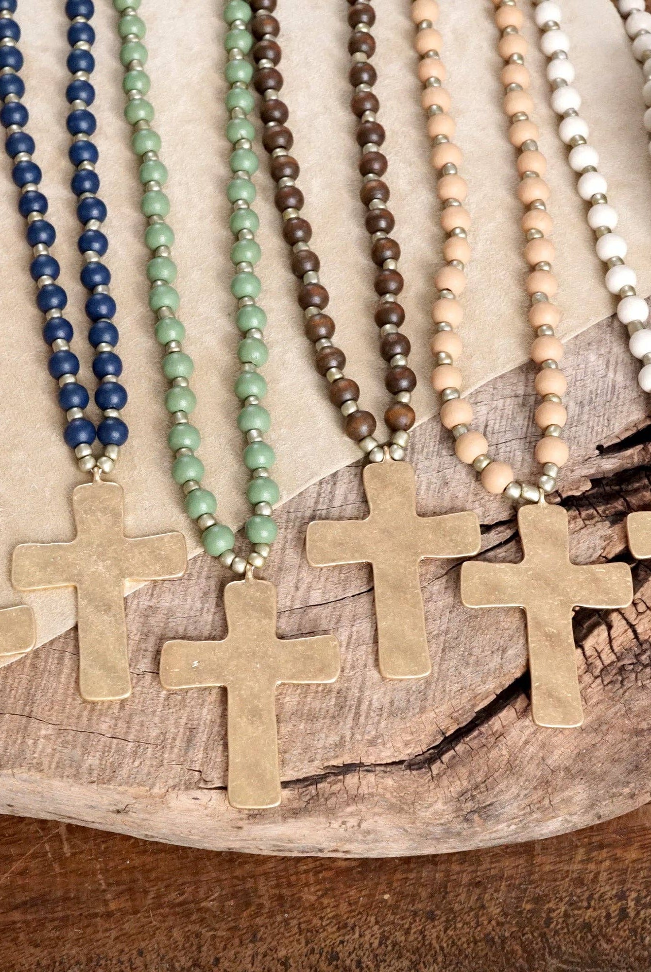 Long Wooden Bead Necklace with Gold Cross-Necklaces-PennyLine inc-Stuffology - Where Vintage Meets Modern, A Boutique for Real Women in Crosbyton, TX