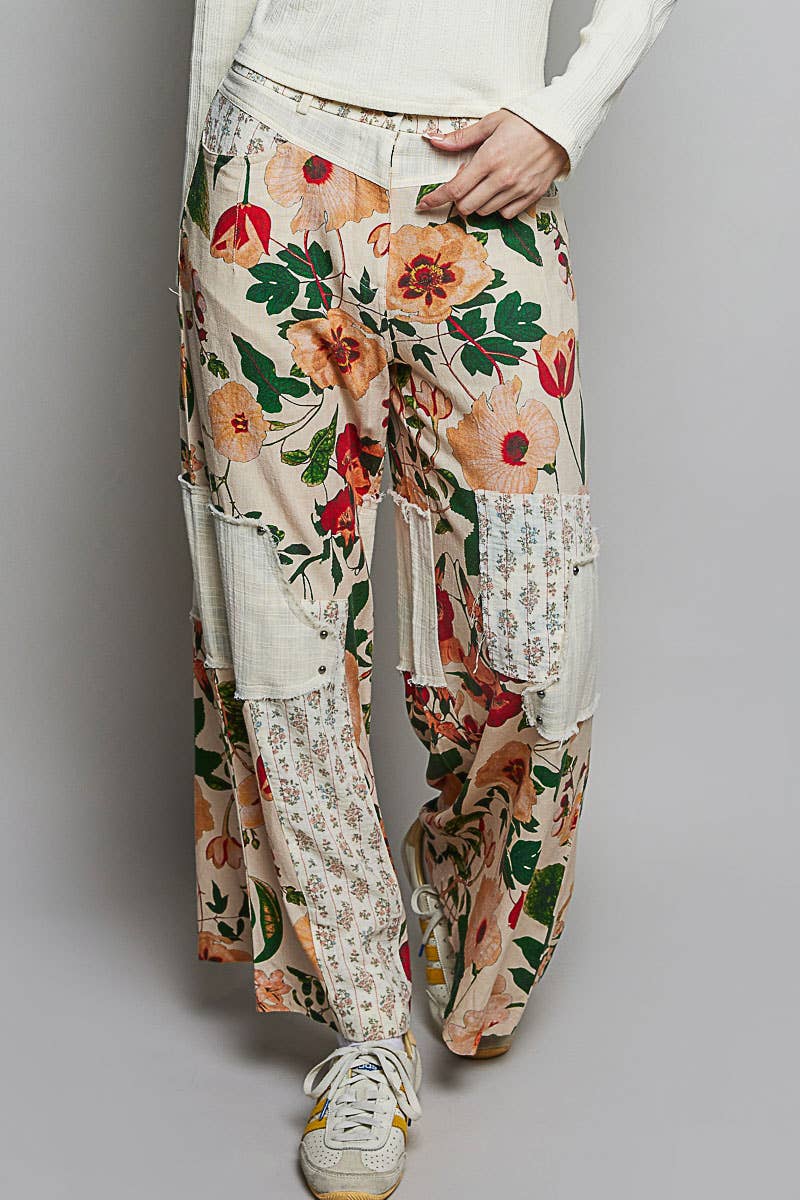 Stud Detail Floral Woven Striped Contrast Straight Pants-Pants-Pol Clothing-Stuffology - Where Vintage Meets Modern, A Boutique for Real Women in Crosbyton, TX