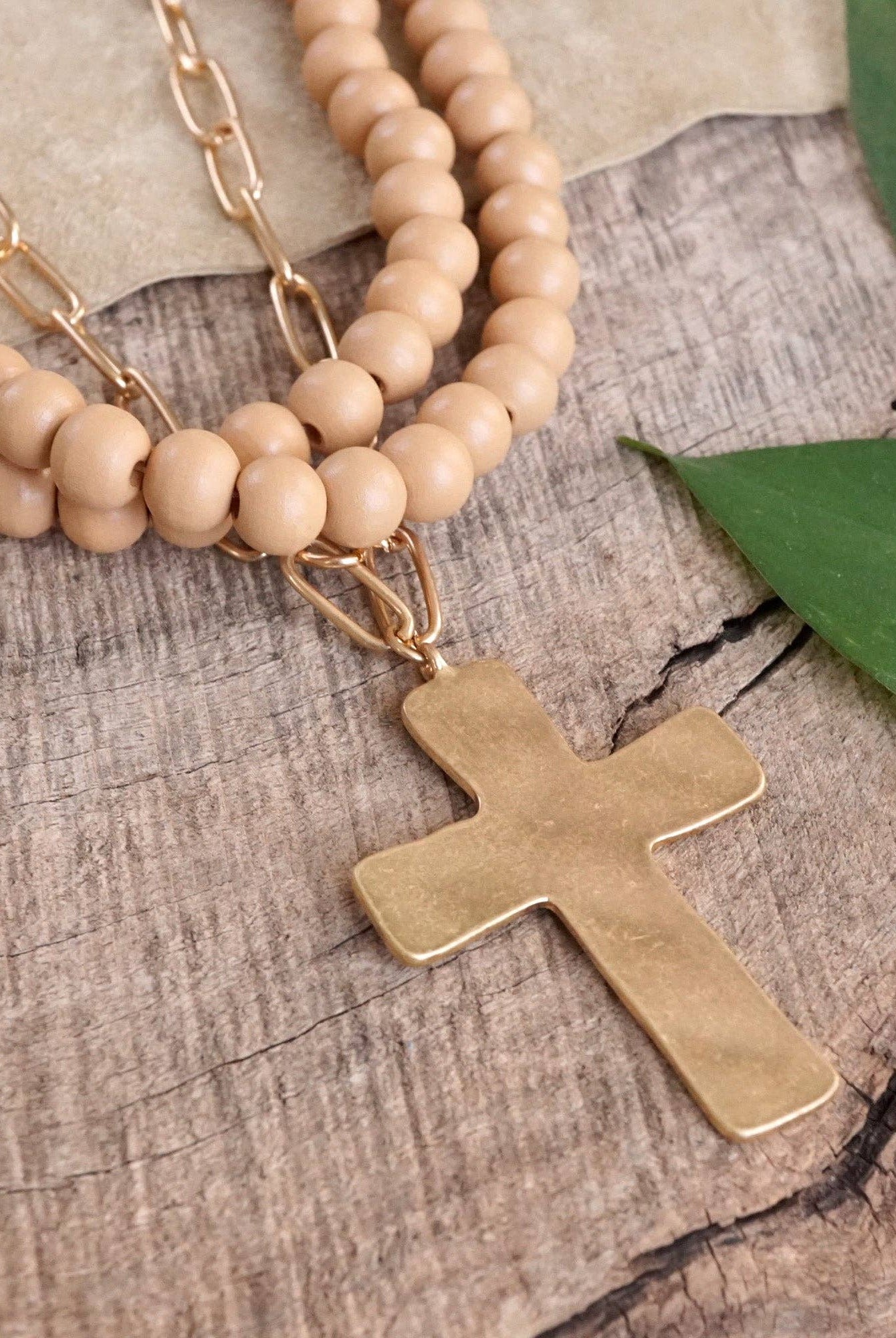 Multi Strand Wood Beads Short Statement Cross Necklace Natural Light Brown-Necklaces-PennyLine inc-Stuffology - Where Vintage Meets Modern, A Boutique for Real Women in Crosbyton, TX