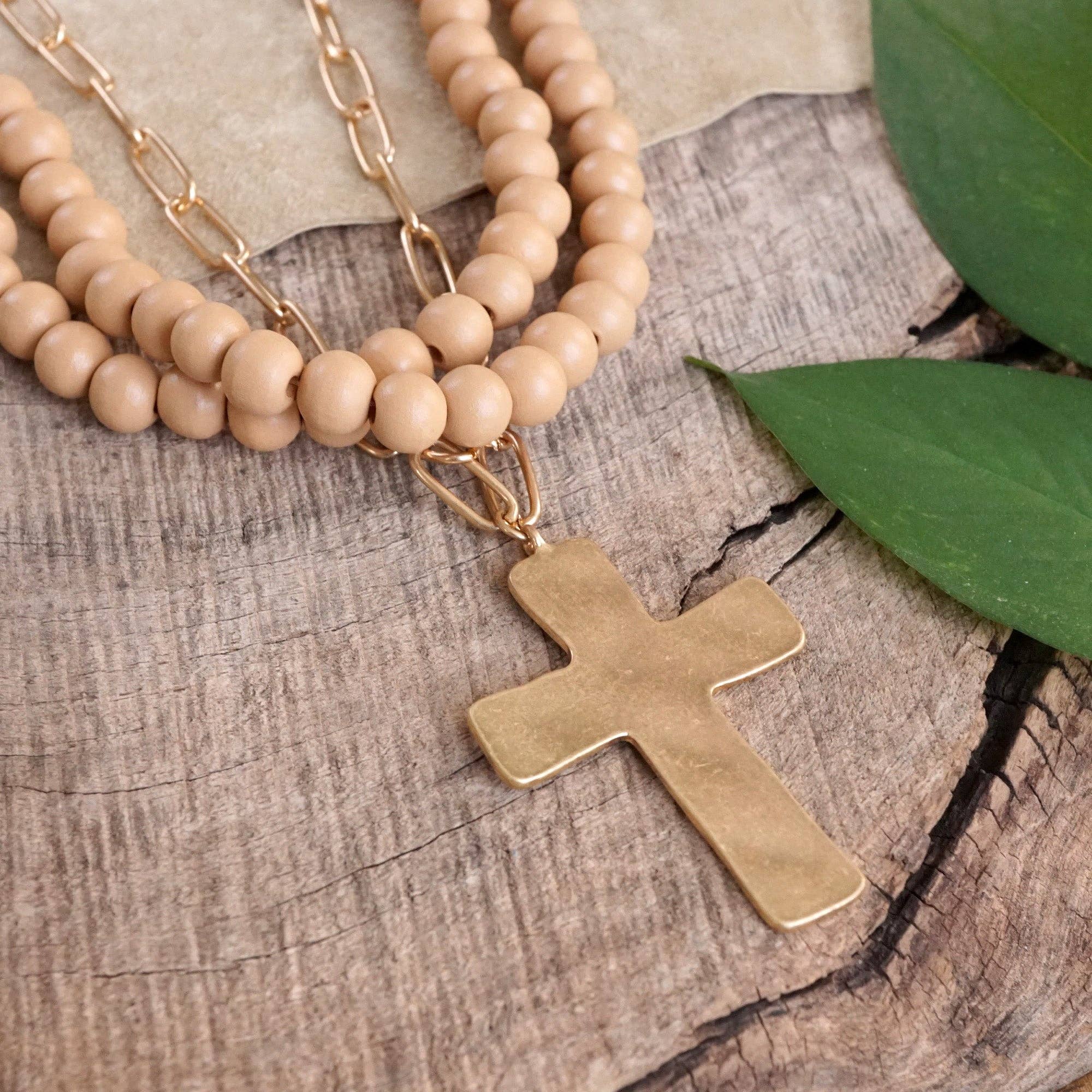Multi Strand Wood Beads Short Statement Cross Necklace Natural Light Brown-Necklaces-PennyLine inc-Stuffology - Where Vintage Meets Modern, A Boutique for Real Women in Crosbyton, TX