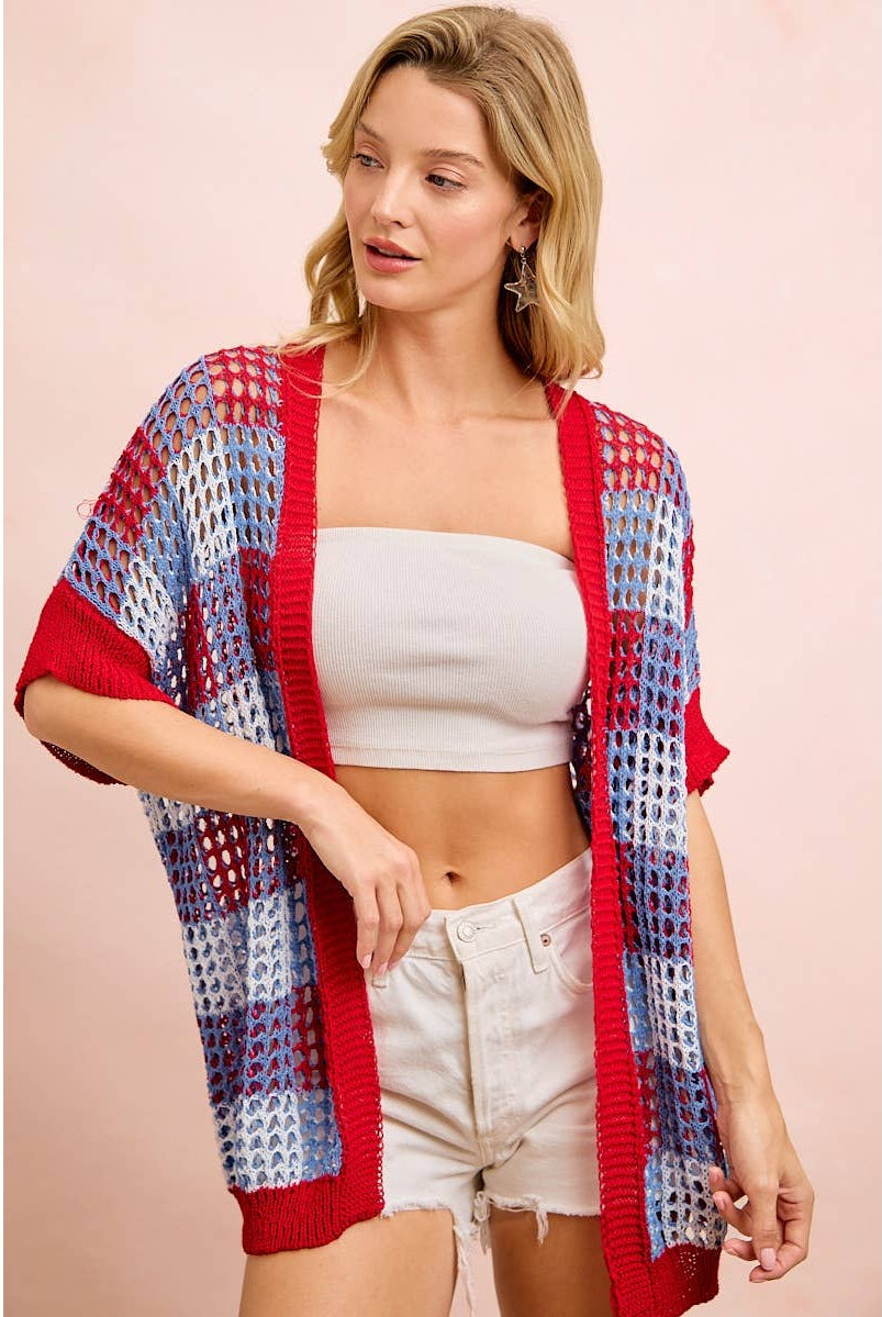 Checker Board Open Knit Cardigan-Cardigan-BiBi-Stuffology - Where Vintage Meets Modern, A Boutique for Real Women in Crosbyton, TX