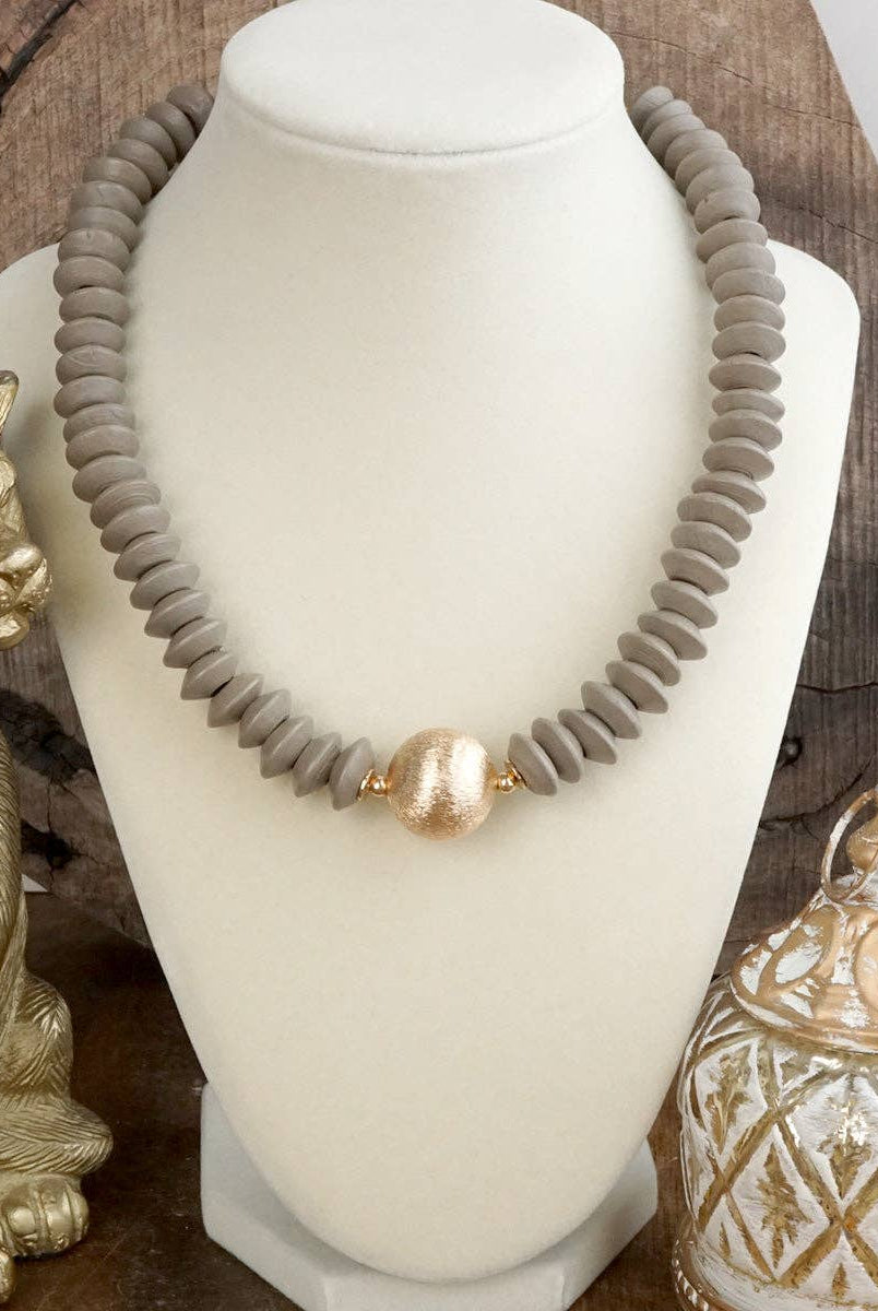 Wood Saucer Beads Short Statement Necklace Gold center Hot Pink Beige Turquoise-Necklaces-PennyLine inc-Stuffology - Where Vintage Meets Modern, A Boutique for Real Women in Crosbyton, TX