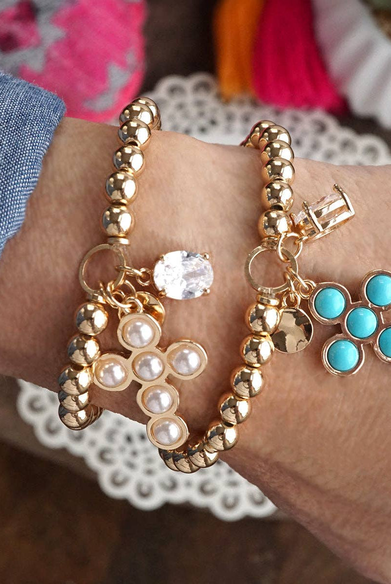 Golden Keepsakes – Charm Cluster Stretch Bracelet with Beads & Stones-Bracelets-PennyLine inc-Stuffology - Where Vintage Meets Modern, A Boutique for Real Women in Crosbyton, TX