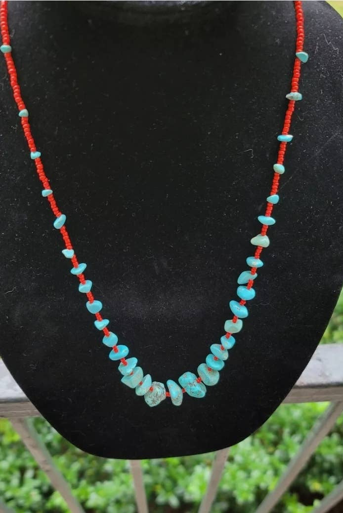 Turquoise red seed bead necklace Native American handmade-Necklaces-Horse Spirit Studio-Stuffology - Where Vintage Meets Modern, A Boutique for Real Women in Crosbyton, TX