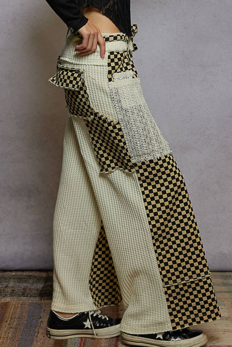 POL Clothing Checkered Patchwork Wide-Leg Pants-Pants-Pol Clothing-Stuffology - Where Vintage Meets Modern, A Boutique for Real Women in Crosbyton, TX