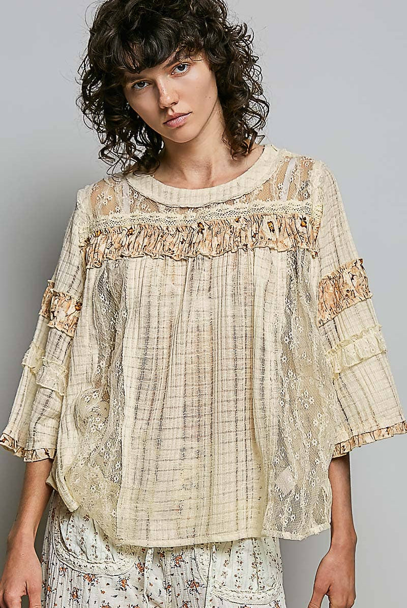 Lace Panel Detail Floral Ruffle 3/4 Sleeve Rib Knit Top-Pol Clothing-Stuffology - Where Vintage Meets Modern, A Boutique for Real Women in Crosbyton, TX