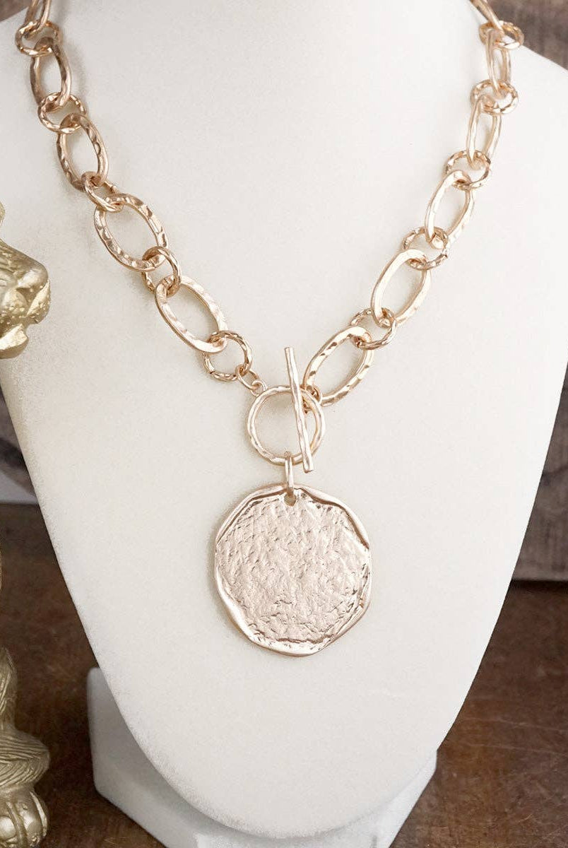 Nomad Glow – Front Toggle Statement Necklace with Hammered Disc-Necklaces-PennyLine inc-Stuffology - Where Vintage Meets Modern, A Boutique for Real Women in Crosbyton, TX