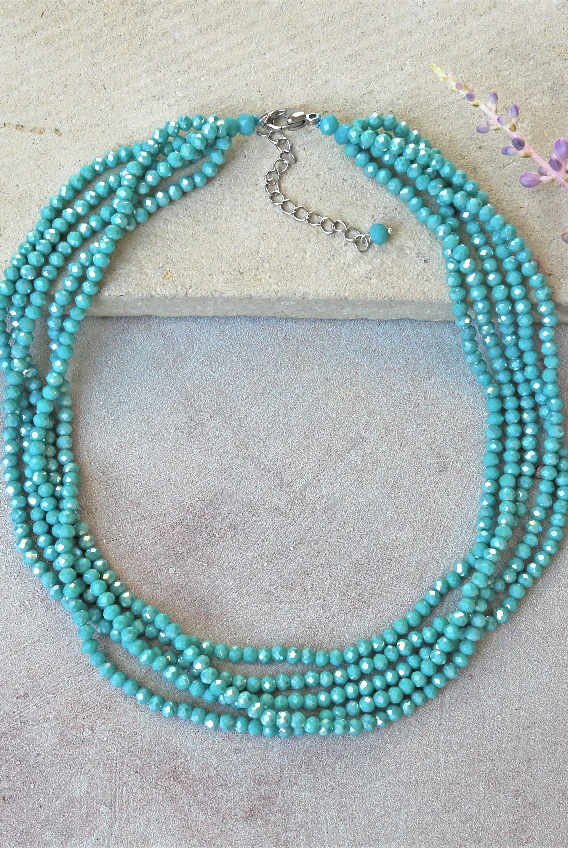 5 Strand Rondelle Blue Turquoise Crystal Necklace-Necklaces-IST Jewelry-Stuffology - Where Vintage Meets Modern, A Boutique for Real Women in Crosbyton, TX