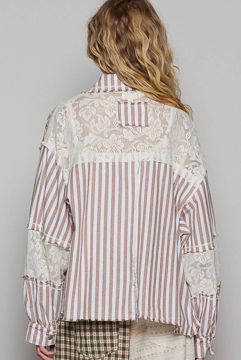 POL Clothing Balloon Sleeve Stripe Denim Shacket /Jacket-Shirt / Jacket-Pol Clothing-Stuffology - Where Vintage Meets Modern, A Boutique for Real Women in Crosbyton, TX