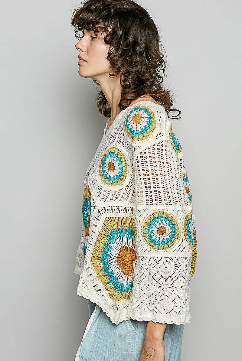 V-Neck Granny Circle Motif Scalloped Edge Crochet Top-Crochet Top-Pol Clothing-Stuffology - Where Vintage Meets Modern, A Boutique for Real Women in Crosbyton, TX