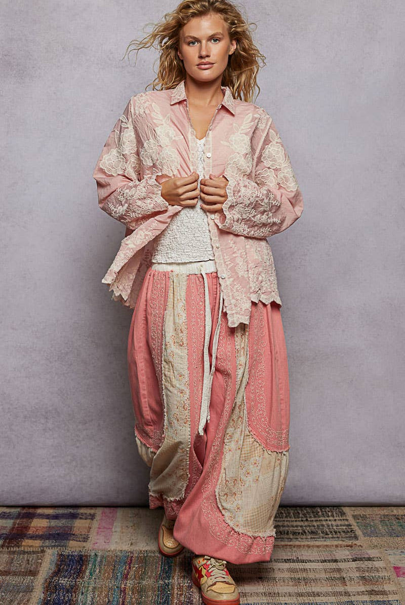 Long Sleeve Embroidered Scalloped Edge Shirt Top-Pol Clothing-Stuffology - Where Vintage Meets Modern, A Boutique for Real Women in Crosbyton, TX