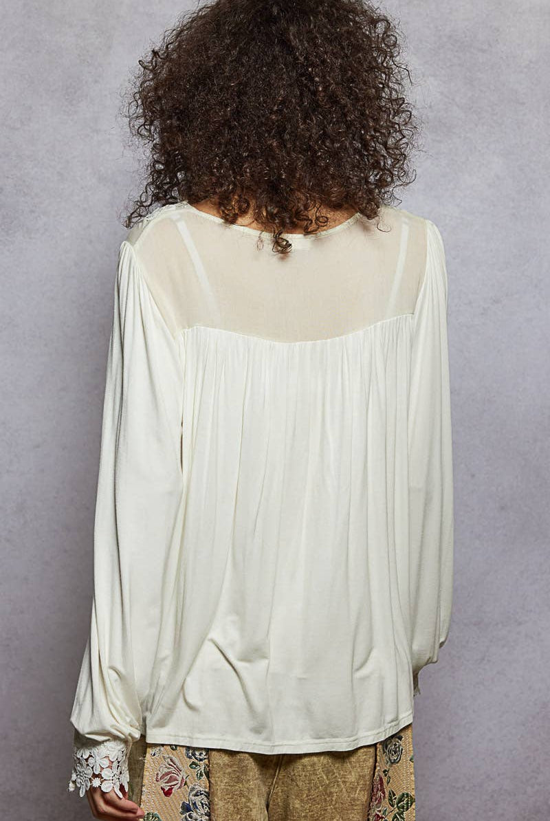 Long Sleeve Contrast Floral Lace Crochet V-Neck Top-Pol Clothing-Stuffology - Where Vintage Meets Modern, A Boutique for Real Women in Crosbyton, TX